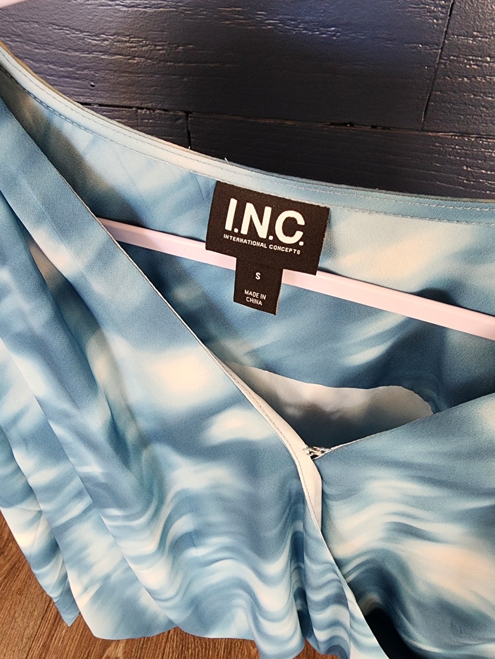 INC International Concepts Sky Blue & White Tie-Dye Faux Wrap Blouse - Picture 2 of 3